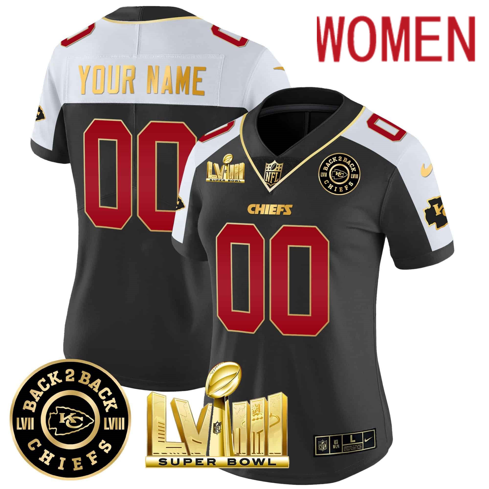 Women Kansas City Chiefs Black 2024 Nike Super Bowl LVIII & Back 2 Back Patch Vapor Custom NFL Jersey
